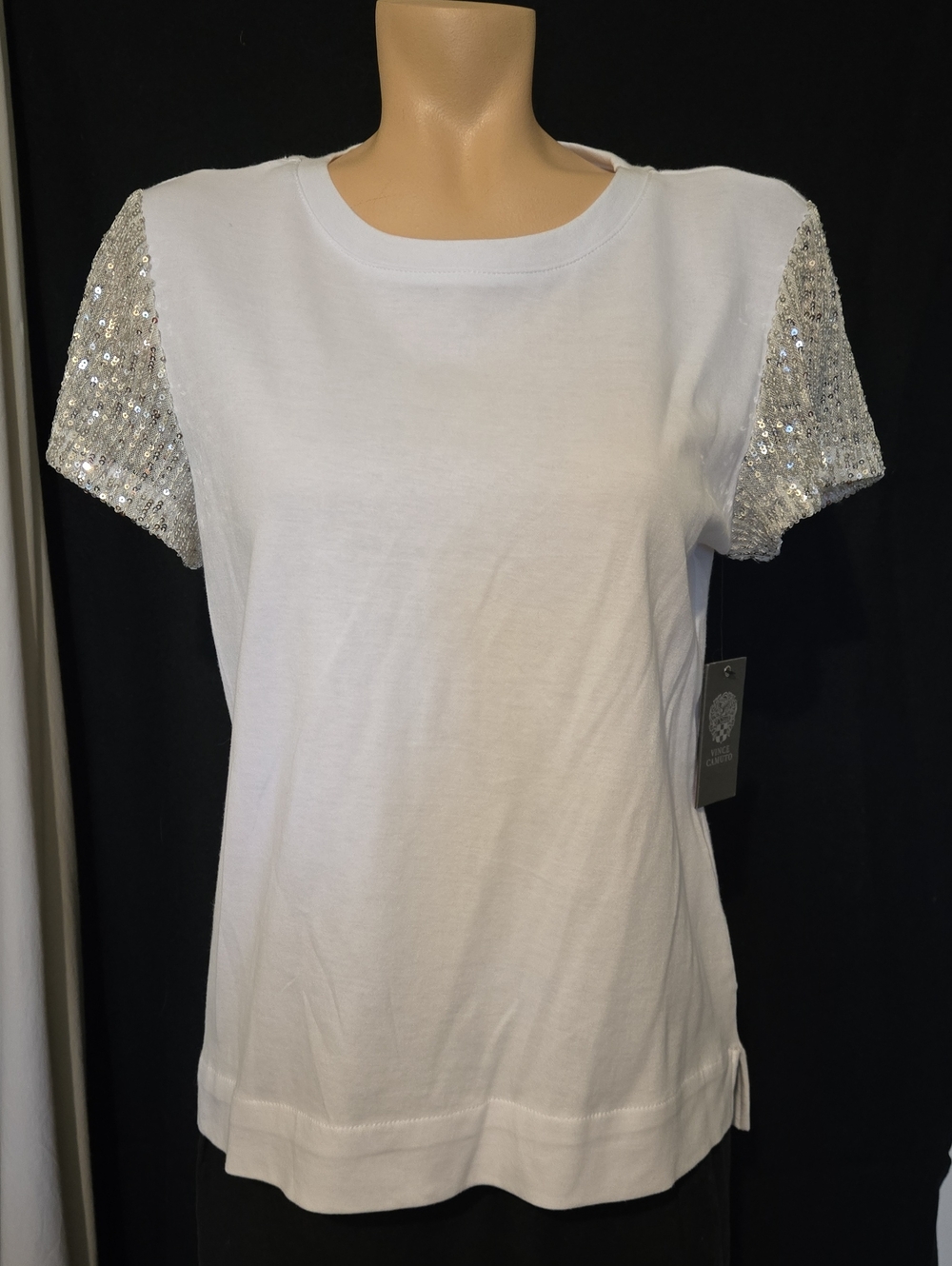 Vince Camuto short-sleeve top featuring silver sequined sleeves, New